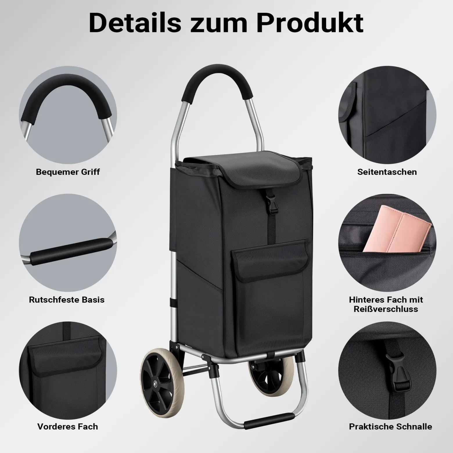 Wiltec Einkaufstrolley klappbar 36,5 x 44 x 103 cm bis 40 kg, Hackenporsche mit zwei Rädern, faltbarer Trolly Einkaufswagen mit Handgriff, Shopping Trolley mit großer Einkaufstasche