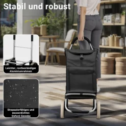 Wiltec Einkaufstrolley klappbar 36,5 x 44 x 103 cm bis 40 kg, Hackenporsche mit zwei Rädern, faltbarer Trolly Einkaufswagen mit Handgriff, Shopping Trolley mit großer Einkaufstasche