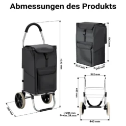 Wiltec Einkaufstrolley klappbar 36,5 x 44 x 103 cm bis 40 kg, Hackenporsche mit zwei Rädern, faltbarer Trolly Einkaufswagen mit Handgriff, Shopping Trolley mit großer Einkaufstasche