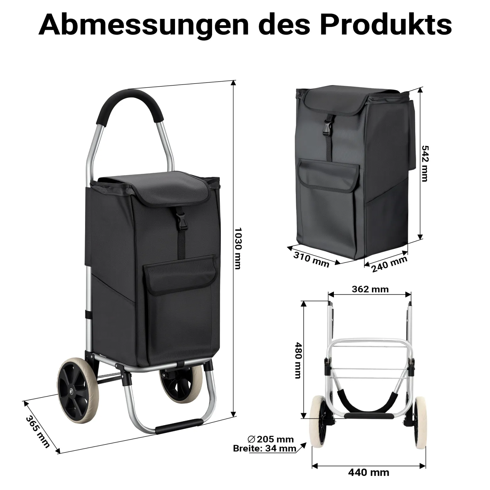 Wiltec Einkaufstrolley klappbar 36,5 x 44 x 103 cm bis 40 kg, Hackenporsche mit zwei Rädern, faltbarer Trolly Einkaufswagen mit Handgriff, Shopping Trolley mit großer Einkaufstasche