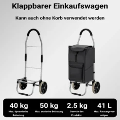 Wiltec Einkaufstrolley klappbar 36,5 x 44 x 103 cm bis 40 kg, Hackenporsche mit zwei Rädern, faltbarer Trolly Einkaufswagen mit Handgriff, Shopping Trolley mit großer Einkaufstasche