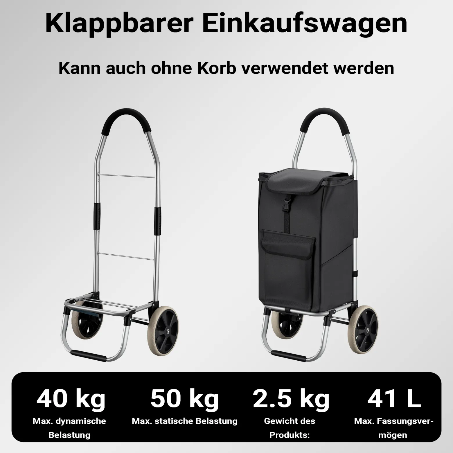 Wiltec Einkaufstrolley klappbar 36,5 x 44 x 103 cm bis 40 kg, Hackenporsche mit zwei Rädern, faltbarer Trolly Einkaufswagen mit Handgriff, Shopping Trolley mit großer Einkaufstasche