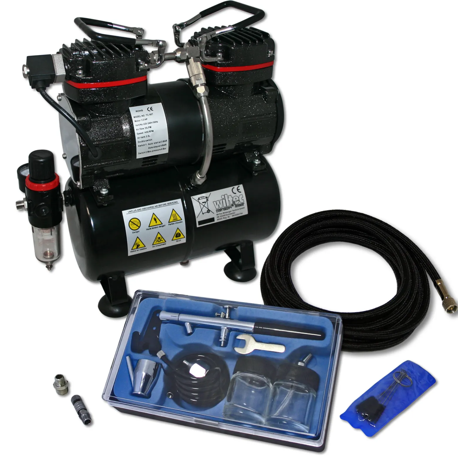 Wiltec Einsteiger Airbrush Kompressor Set AS196 mit 1 Airbrushpistole Typ 128 und umfangreichem Zubehör, 3 l Drucktank, für Modellbau, Tattoos, Nailart