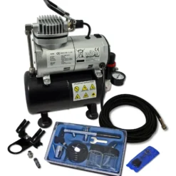 Wiltec Einsteiger Airbrush Kompressor Set AS186 mit 1 Airbrushpistole Typ 128 und umfangreichem Zubehör, 3 l Drucktank, für Modellbau, Tattoos, Nailart