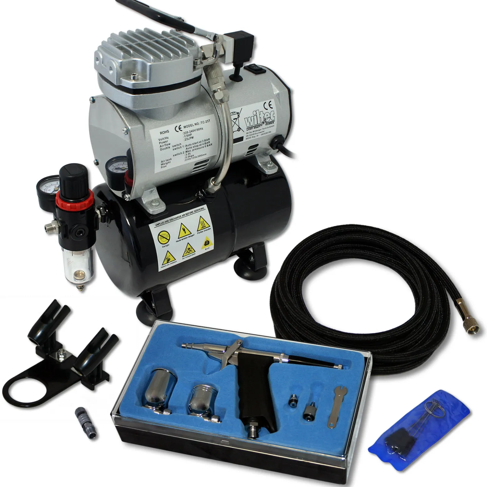 Wiltec Einsteiger Airbrush Kompressor Set AS189 mit 1 Airbrushpistole Typ 116 und umfangreichem Zubehör, 3 l Drucktank, für Modellbau, Tattoos, Nailart