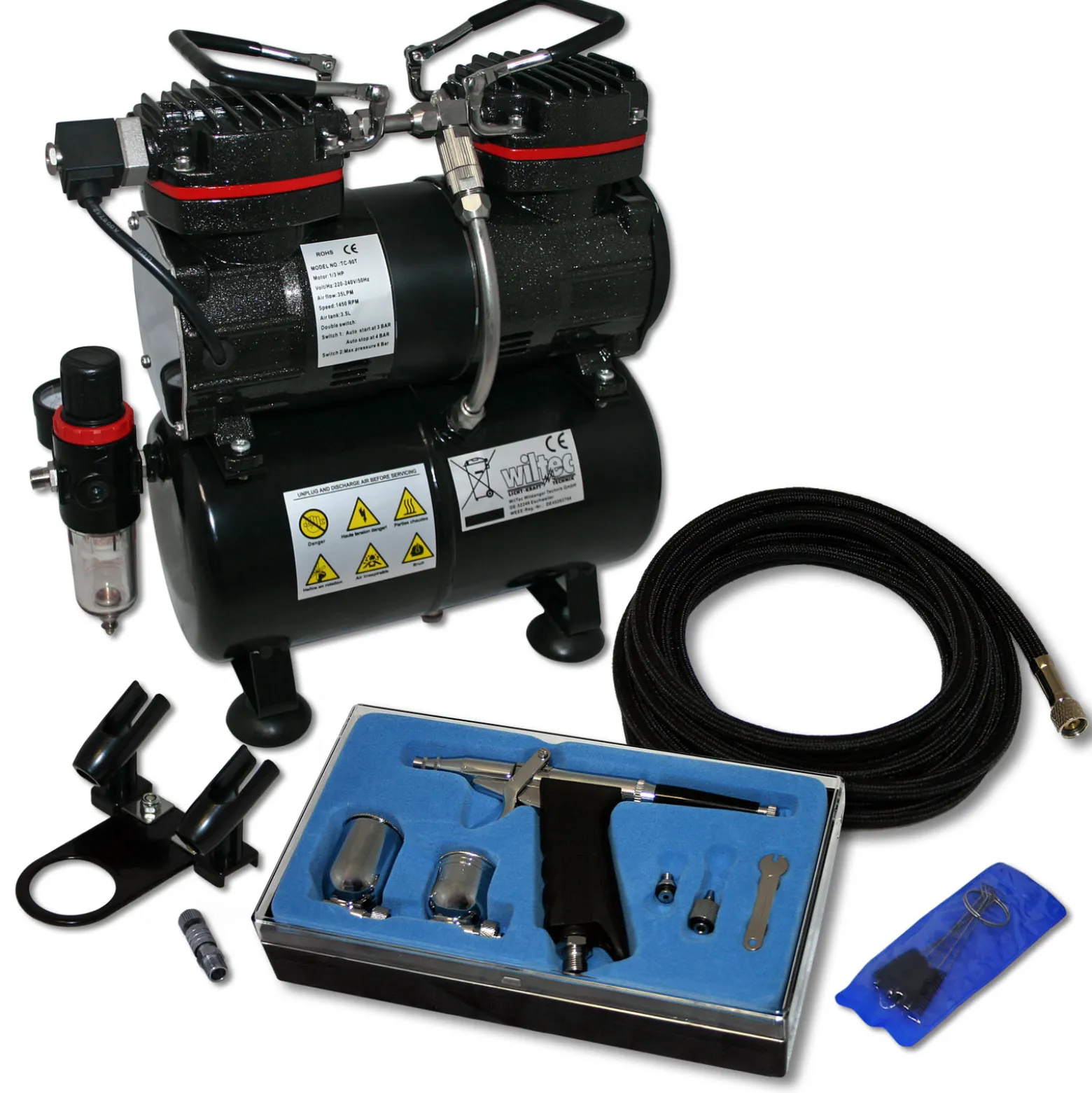 Wiltec Einsteiger Airbrush Kompressor Set AS196 mit 1 Airbrushpistole Typ 116 und umfangreichem Zubehör, 3 l Drucktank, für Modellbau, Tattoos, Nailart