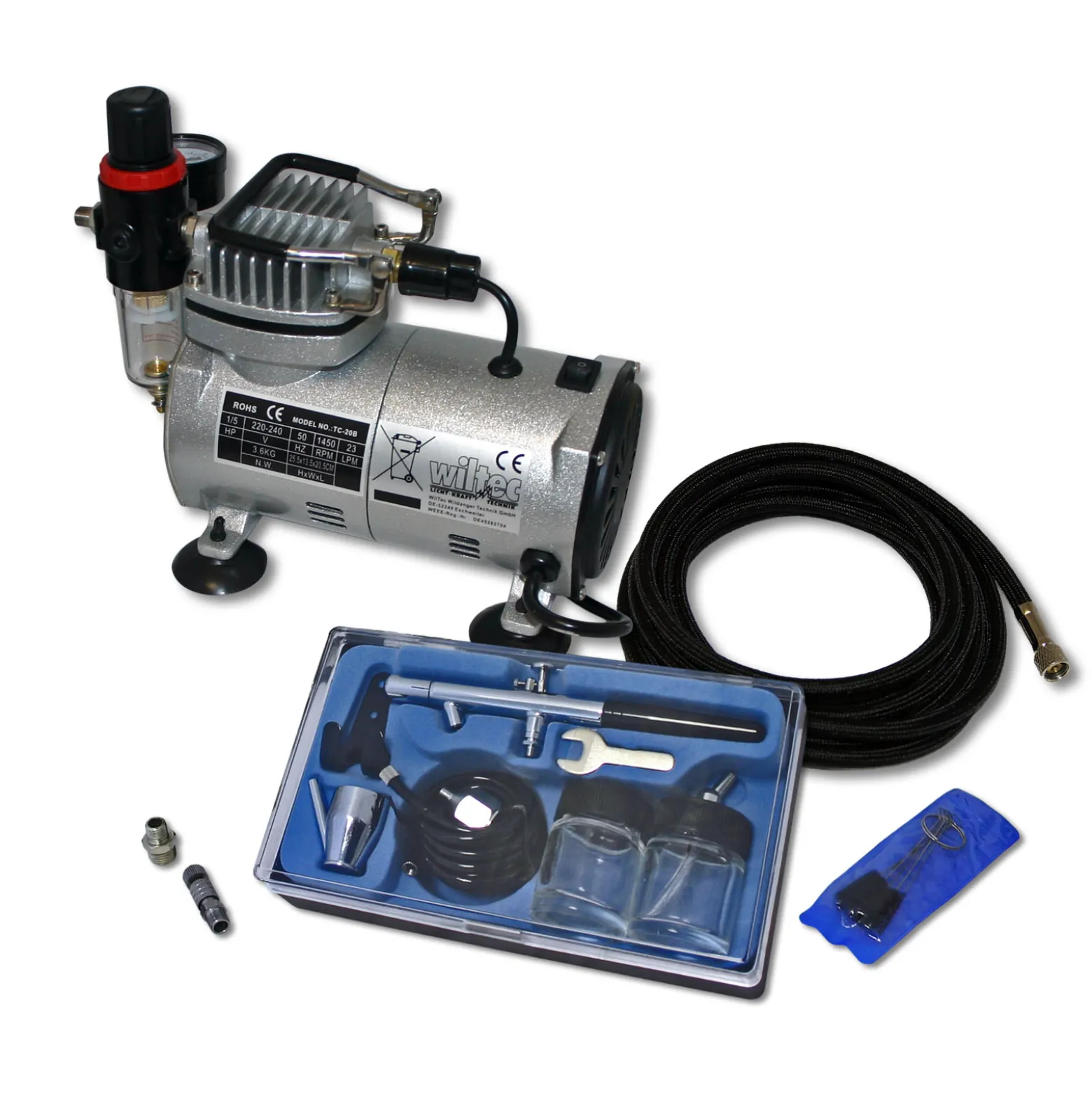 Wiltec Einsteiger Airbrush Kompressor Set AS18-2 mit 1 Airbrushpistole Typ 128 und umfangreichem Zubehör, Drucktank, für Modellbau, Tattoos, Nailart