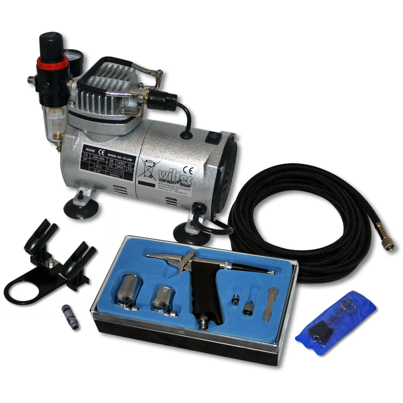 Wiltec Einsteiger Airbrush Kompressor Set AS18-2 mit 1 Airbrushpistole Typ 116 und umfangreichem Zubehör, Drucktank, für Modellbau, Tattoos, Nailart