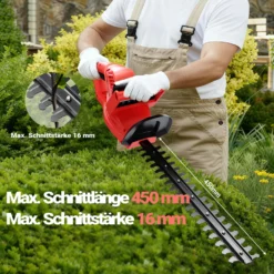 Wiltec Elektrische Heckenschere 520 W, Heckenschneider mit Schnittlänge 450 mm, Heckensäge mit Schnellstopp-Bremse, Freischneider mit Handschutz