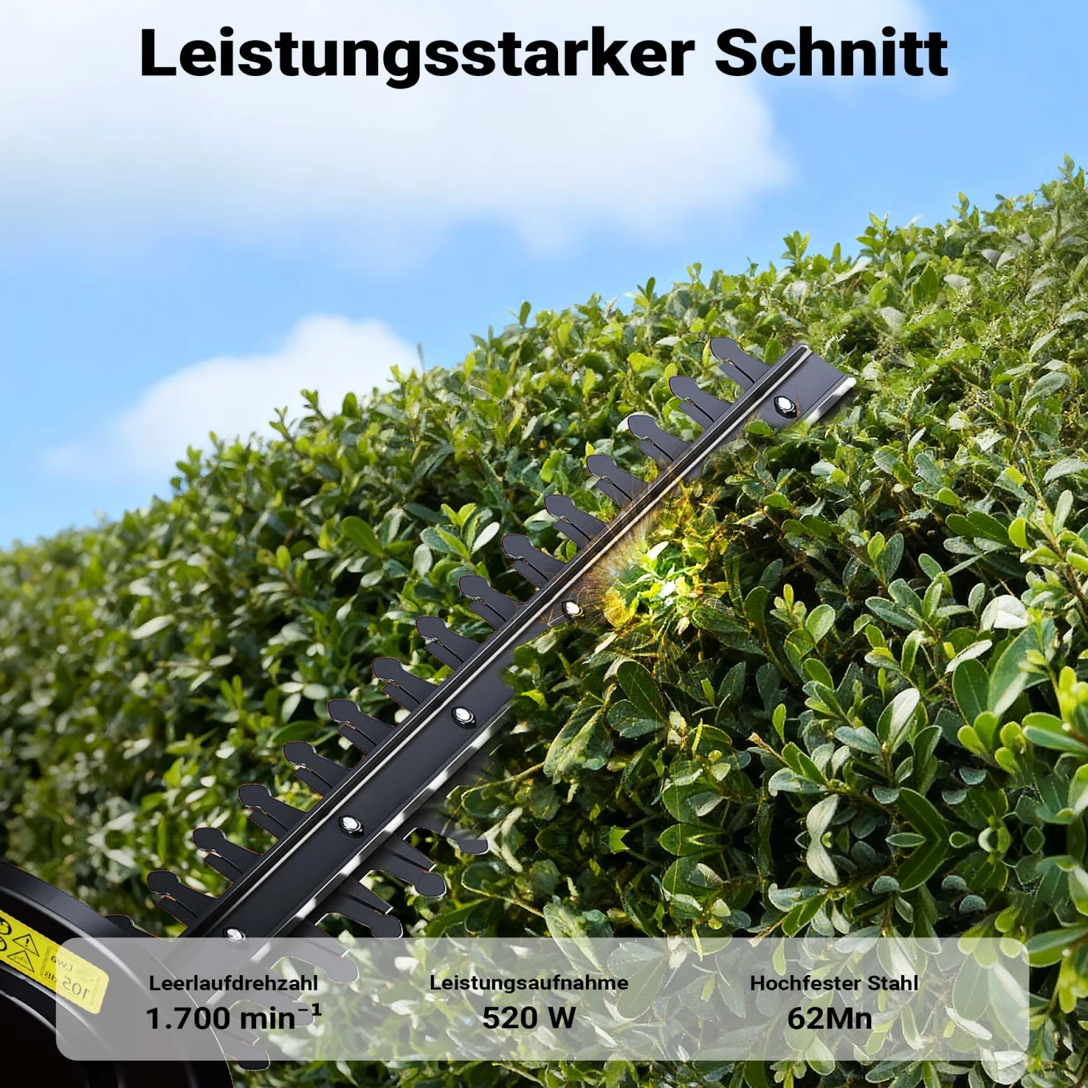 Wiltec Elektrische Heckenschere 520 W, Heckenschneider mit Schnittlänge 450 mm, Heckensäge mit Schnellstopp-Bremse, Freischneider mit Handschutz