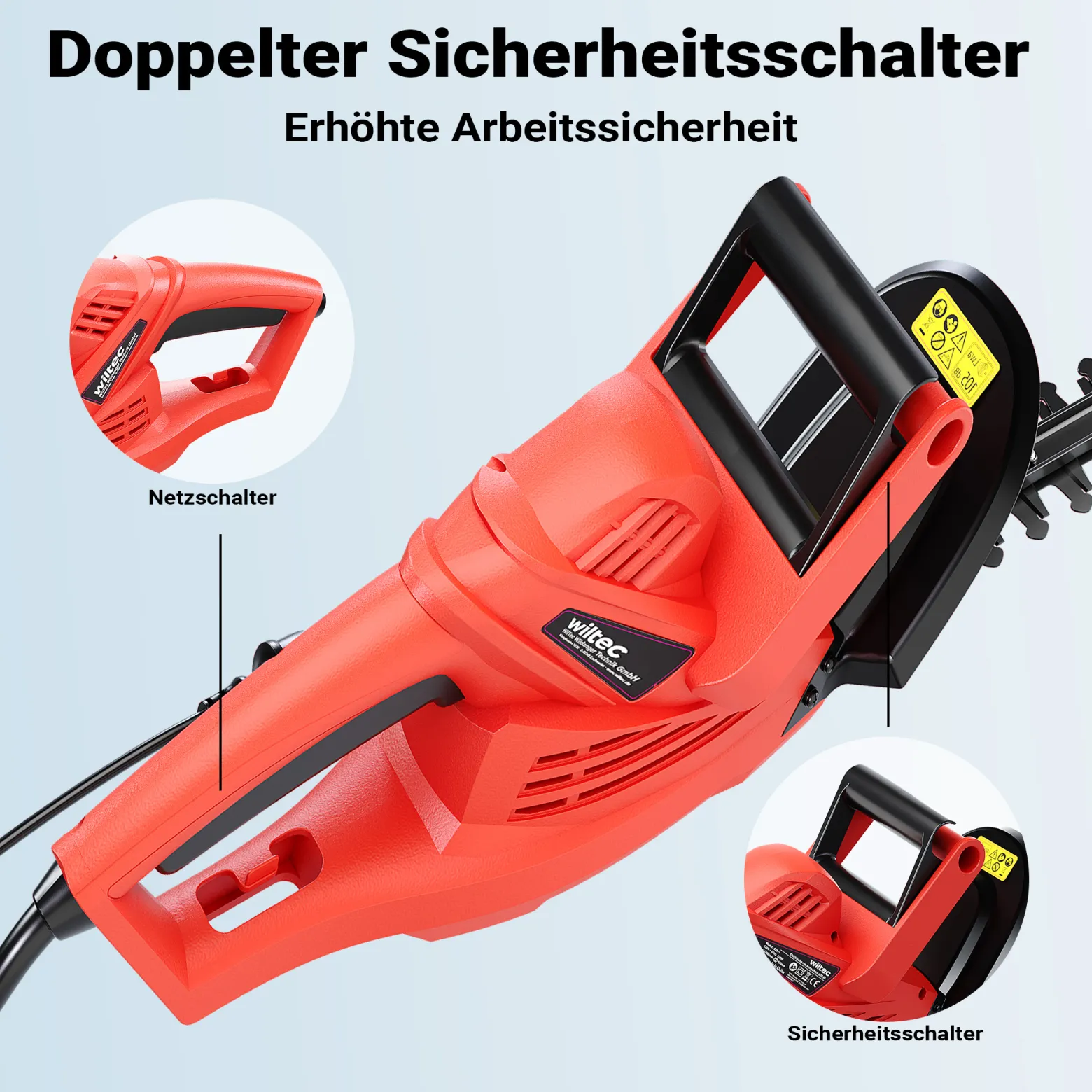 Wiltec Elektrische Heckenschere 520 W, Heckenschneider mit Schnittlänge 450 mm, Heckensäge mit Schnellstopp-Bremse, Freischneider mit Handschutz