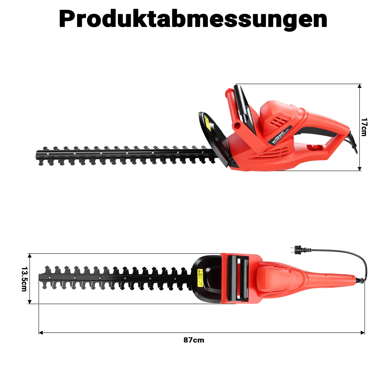 Wiltec Elektrische Heckenschere 520 W, Heckenschneider mit Schnittlänge 450 mm, Heckensäge mit Schnellstopp-Bremse, Freischneider mit Handschutz