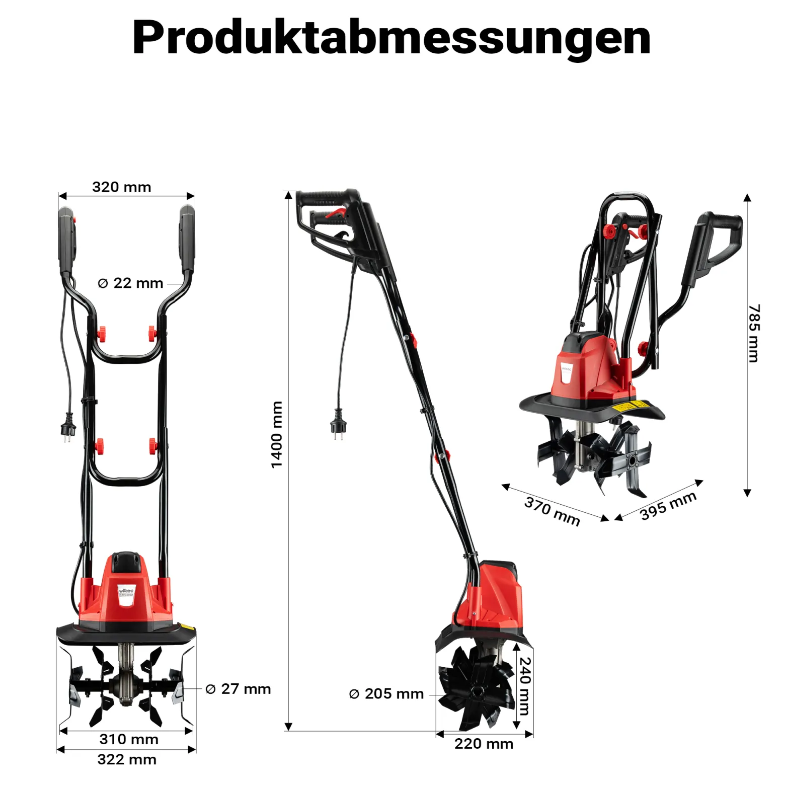 Wiltec Elektro Bodenfräse 1050 W mit 380 U/min, Kultivator mit 220 mm Arbeitstiefe, Gartenfräse mit 16 Klingen, Bodenhacke mit ergonomischem Handgriff