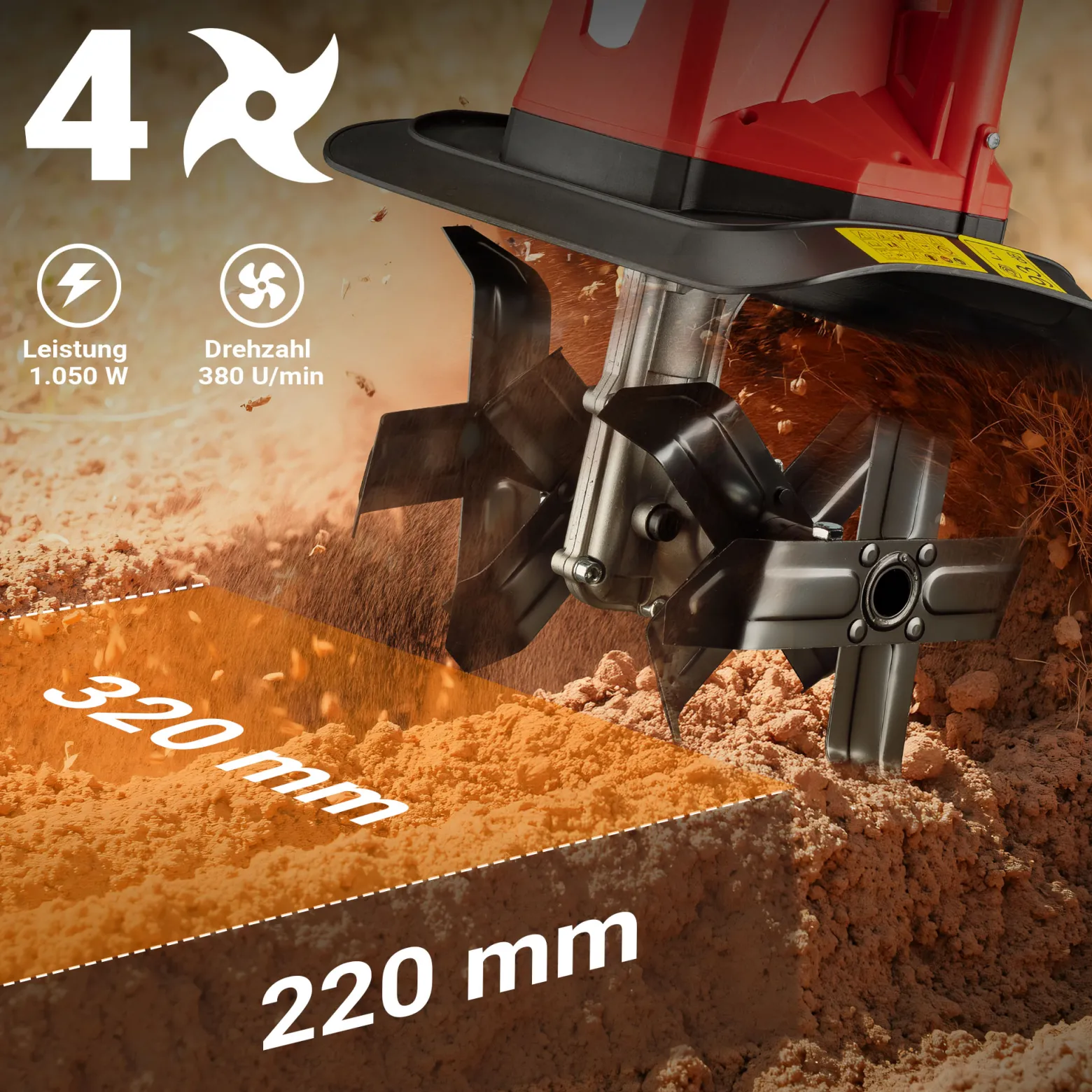 Wiltec Elektro Bodenfräse 1050 W mit 380 U/min, Kultivator mit 220 mm Arbeitstiefe, Gartenfräse mit 16 Klingen, Bodenhacke mit ergonomischem Handgriff