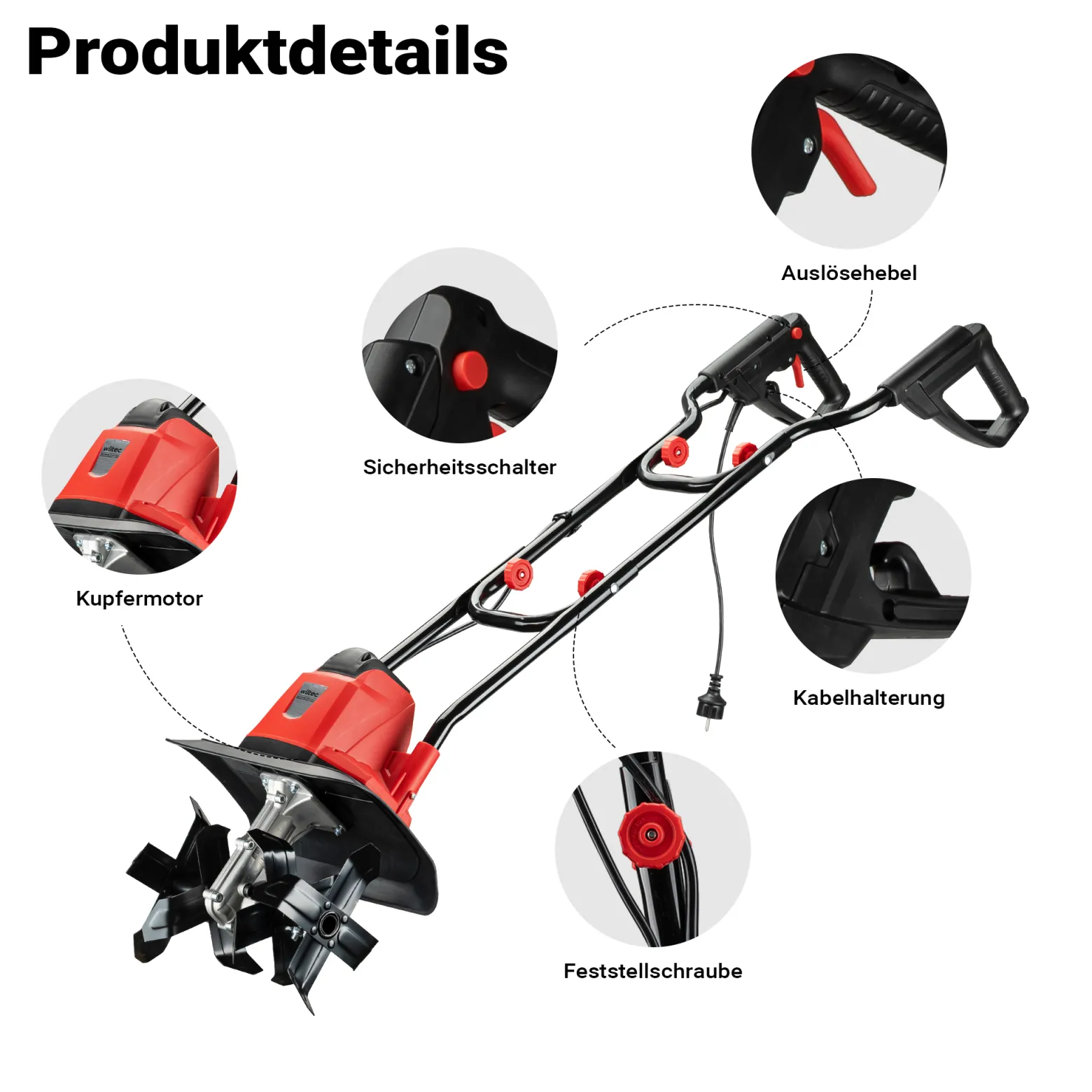 Wiltec Elektro Bodenfräse 1050 W mit 380 U/min, Kultivator mit 220 mm Arbeitstiefe, Gartenfräse mit 16 Klingen, Bodenhacke mit ergonomischem Handgriff