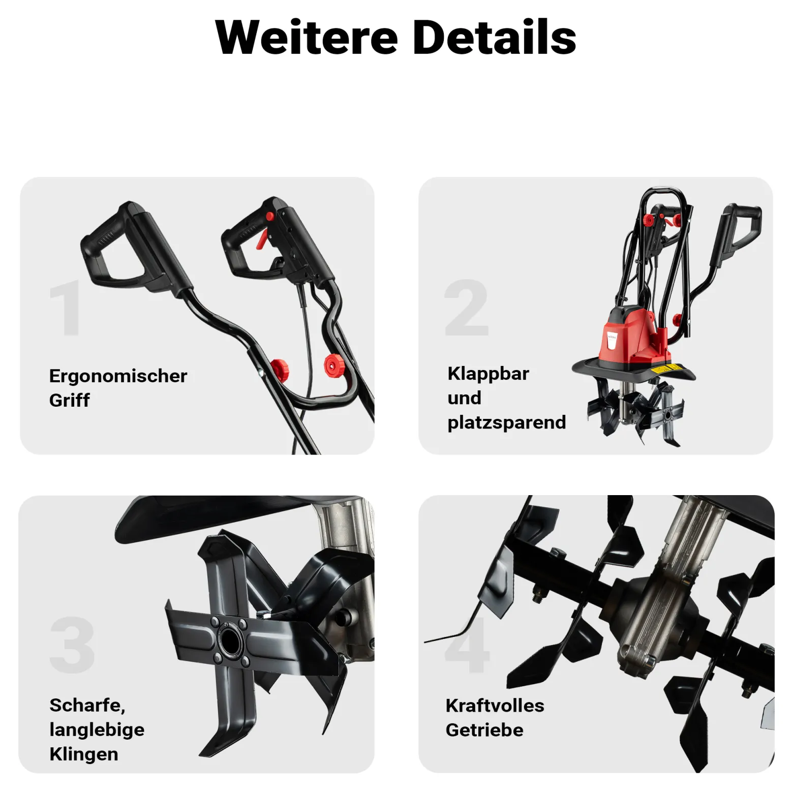 Wiltec Elektro Bodenfräse 1050 W mit 380 U/min, Kultivator mit 220 mm Arbeitstiefe, Gartenfräse mit 16 Klingen, Bodenhacke mit ergonomischem Handgriff