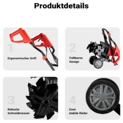 Wiltec Elektro Gartenhacke 1500 W mit 400 U/min, elektrische Gartenfräse mit 220 mm Arbeitstiefe, Motorhacke mit 24 Klingen, Bodenfräse auf Rädern