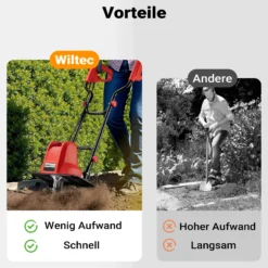 Wiltec Elektro Gartenhacke 1500 W mit 400 U/min, elektrische Gartenfräse mit 220 mm Arbeitstiefe, Motorhacke mit 24 Klingen, Bodenfräse auf Rädern