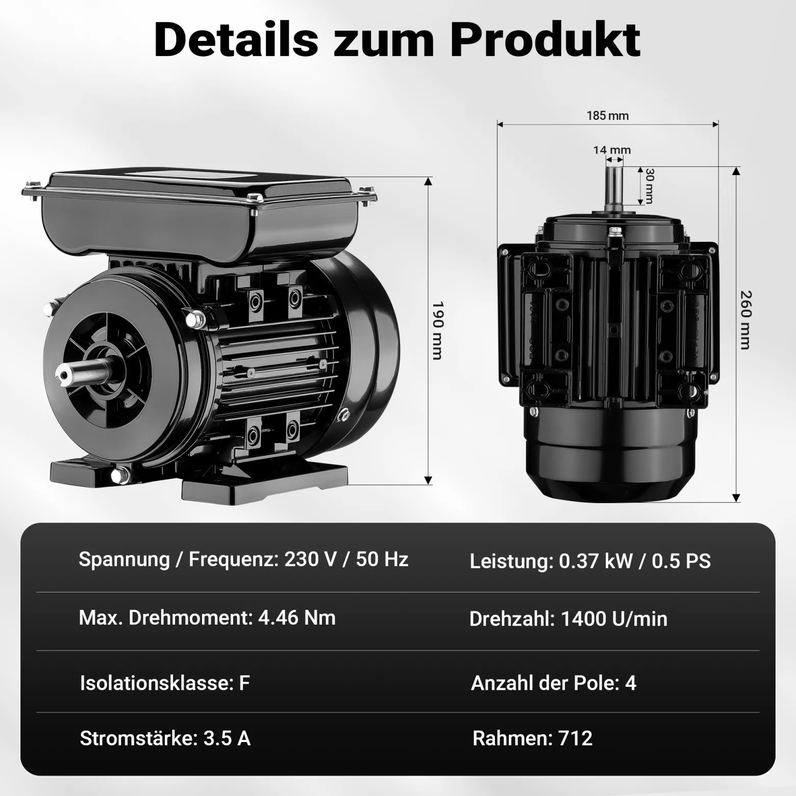 Wiltec Elektromotor 1-phasig, Elektro Motor 4-polig 0,37 kW, Einphasen Wechselstrommotor 1400 U/min, Induktionsmotor Aluminium, kompakter Motor