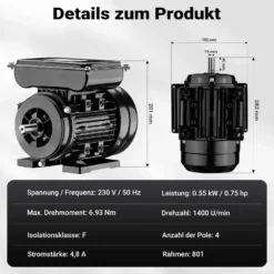Wiltec Elektromotor 1-phasig, Elektro Motor 4-polig 0,55 kW, Einphasen Wechselstrommotor 1400 U/min, Induktionsmotor Aluminium, kompakter Motor