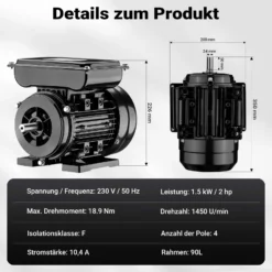 Wiltec Elektromotor 1-phasig, Elektro Motor 4-polig 1,5 kW, Einphasen Wechselstrommotor 1450 U/min, Induktionsmotor Aluminium, kompakter Motor