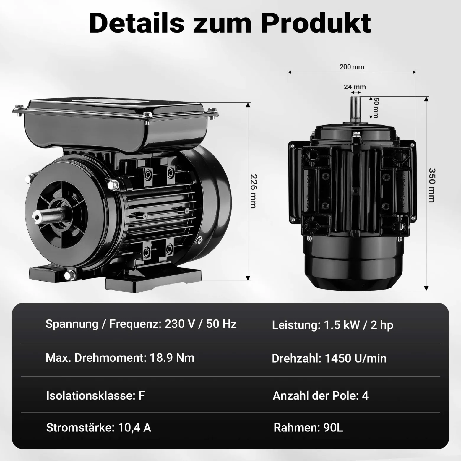 Wiltec Elektromotor 1-phasig, Elektro Motor 4-polig 1,5 kW, Einphasen Wechselstrommotor 1450 U/min, Induktionsmotor Aluminium, kompakter Motor