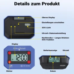 Wiltec elektronische Parkscheibe, digitale Parkuhr mit KBA-Zulassung, Parkscheibe automatisch mit Nachtmodus & SOS-Signal für Auto
