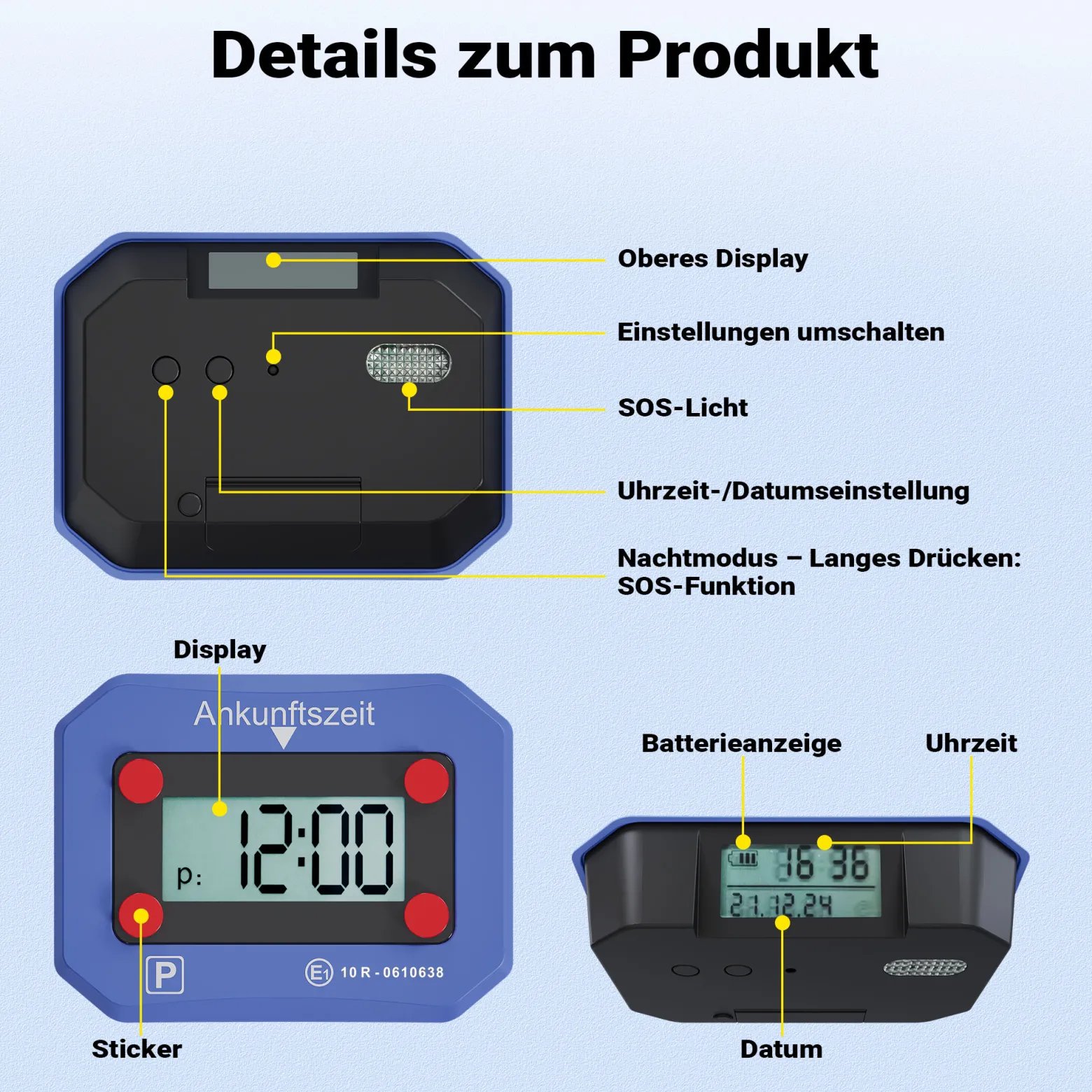 Wiltec elektronische Parkscheibe, digitale Parkuhr mit KBA-Zulassung, Parkscheibe automatisch mit Nachtmodus & SOS-Signal für Auto