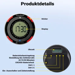 Wiltec Elektronische Parkscheibe mit Solarpanel Rund – Digitale Parkuhr mit automatischer Zeitumschaltung und KBA-Zulassung