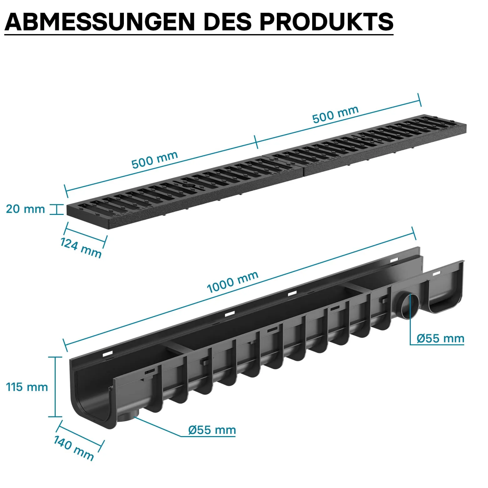 Wiltec Entwässerungsrinne 1 m mit Abdeckrost aus Gusseisen – 12,5 t Traglast – Ablaufrinne für Abwasser und Regenwasser – Abwasserrinne