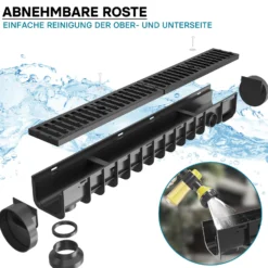 Wiltec Entwässerungsrinne 1 m mit Abdeckrost aus Gusseisen – 12,5 t Traglast – Ablaufrinne für Abwasser und Regenwasser – Abwasserrinne