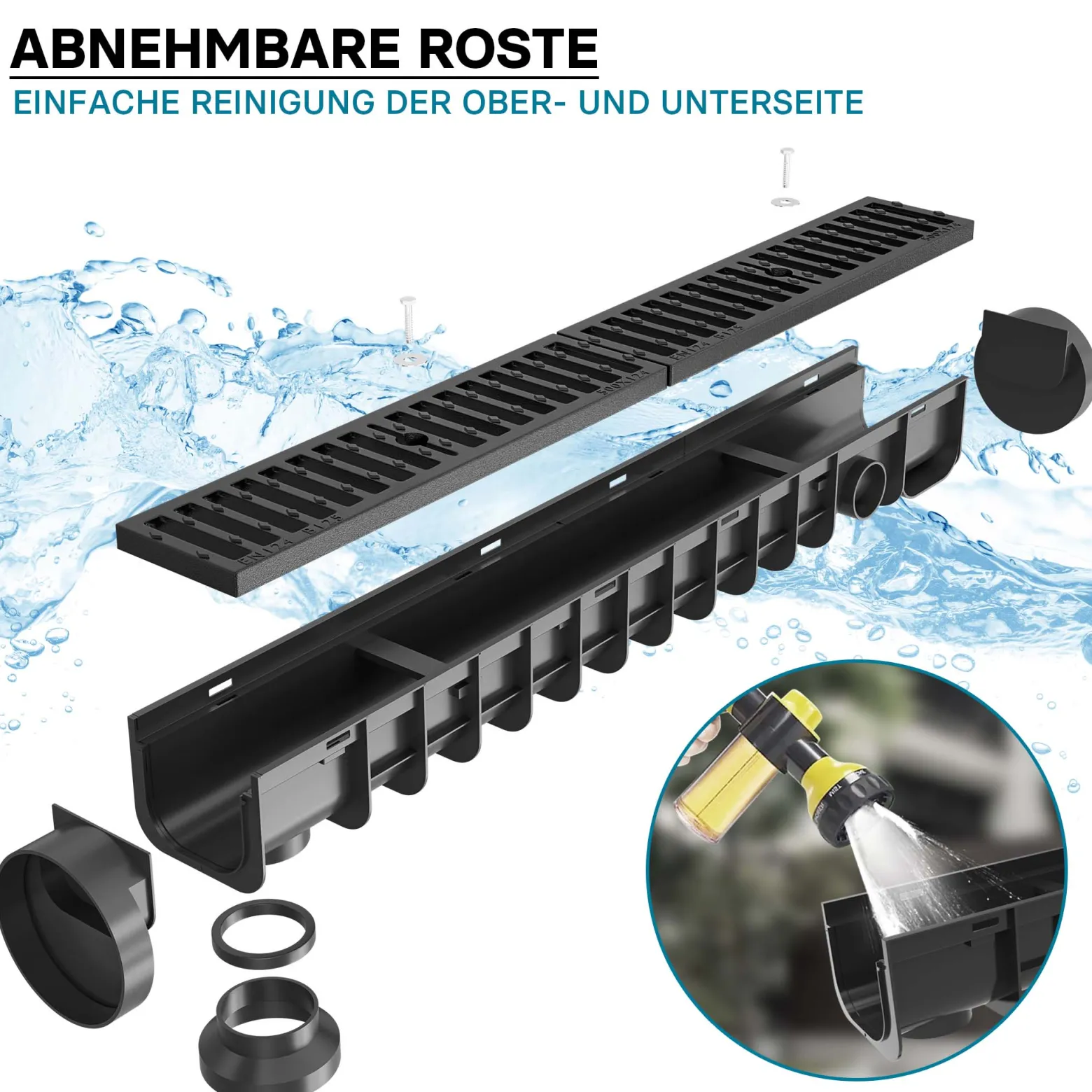 Wiltec Entwässerungsrinne 1 m mit Abdeckrost aus Gusseisen – 12,5 t Traglast – Ablaufrinne für Abwasser und Regenwasser – Abwasserrinne