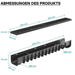 Wiltec Entwässerungsrinne 1 m mit Abdeckrost aus Gusseisen – 25 t Traglast – Ablaufrinne für Abwasser und Regenwasser – Abwasserrinne