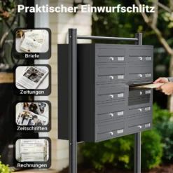 Wiltec 10er Briefkastenanlage Anthrazit 945 x 270 x 1500 mm, Standbriefkasten mit 2x5 Fächern, Schlüssel und Namensschild, Briefkasten Postkasten mit Ständer