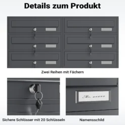 Wiltec 10er Briefkastenanlage Anthrazit 945 x 270 x 1500 mm, Standbriefkasten mit 2x5 Fächern, Schlüssel und Namensschild, Briefkasten Postkasten mit Ständer