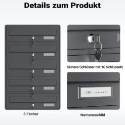 Wiltec 5er Briefkastenanlage Anthrazit 556 x 270 x 1500 mm, Standbriefkasten mit 5 Fächern, Schlüssel und Namensschild, Briefkasten Postkasten mit Ständer