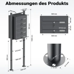 Wiltec 5er Briefkastenanlage Anthrazit 556 x 270 x 1500 mm, Standbriefkasten mit 5 Fächern, Schlüssel und Namensschild, Briefkasten Postkasten mit Ständer