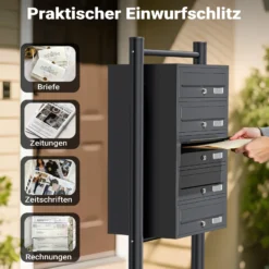Wiltec 5er Briefkastenanlage Anthrazit 556 x 270 x 1500 mm, Standbriefkasten mit 5 Fächern, Schlüssel und Namensschild, Briefkasten Postkasten mit Ständer
