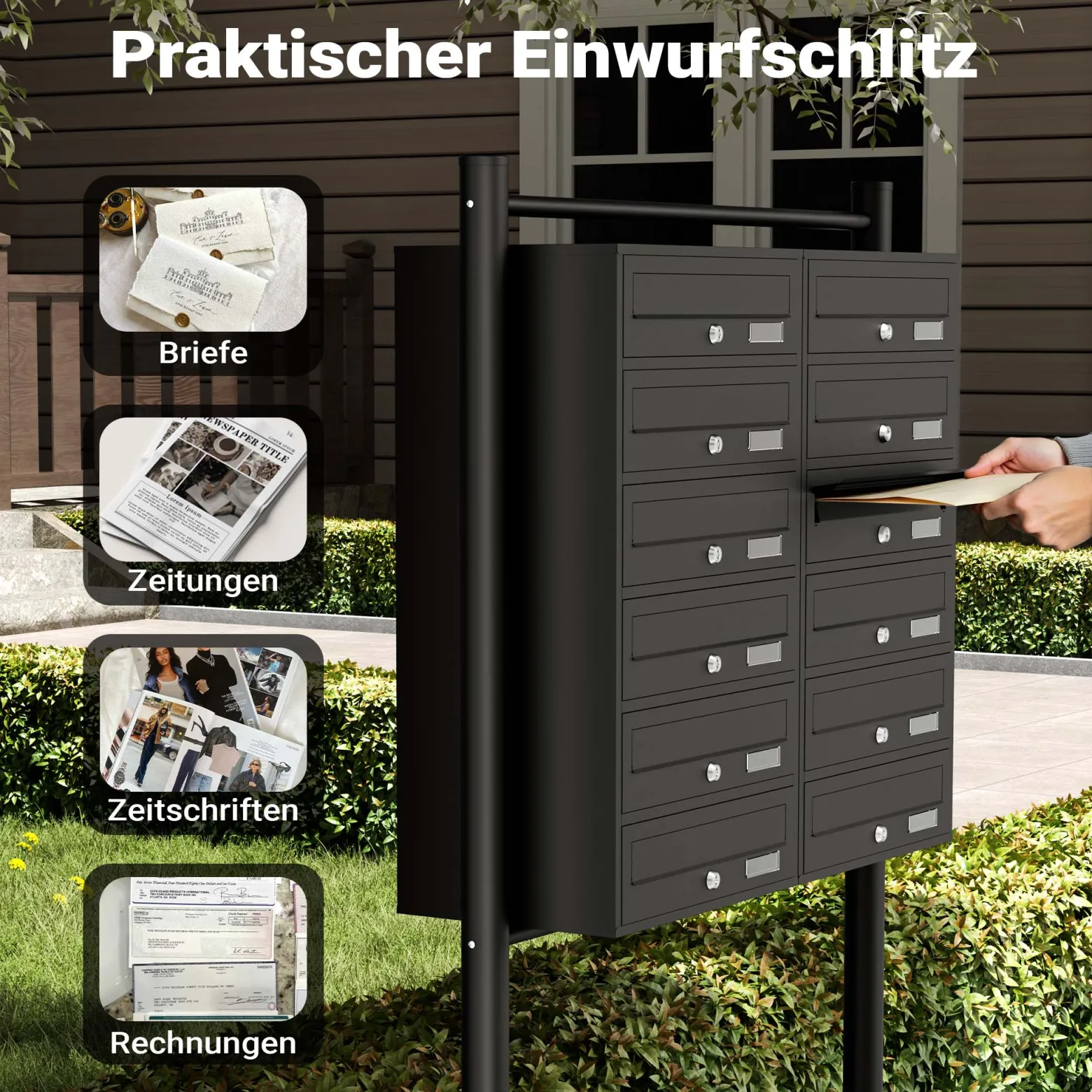 Wiltec 12er Briefkastenanlage schwarz 945 x 270 x 1500 mm, Standbriefkasten mit 2x6 Fächern, Schlüssel und Namensschild, Briefkasten Postkasten mit Ständer