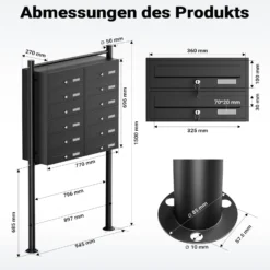 Wiltec 12er Briefkastenanlage schwarz 945 x 270 x 1500 mm, Standbriefkasten mit 2x6 Fächern, Schlüssel und Namensschild, Briefkasten Postkasten mit Ständer