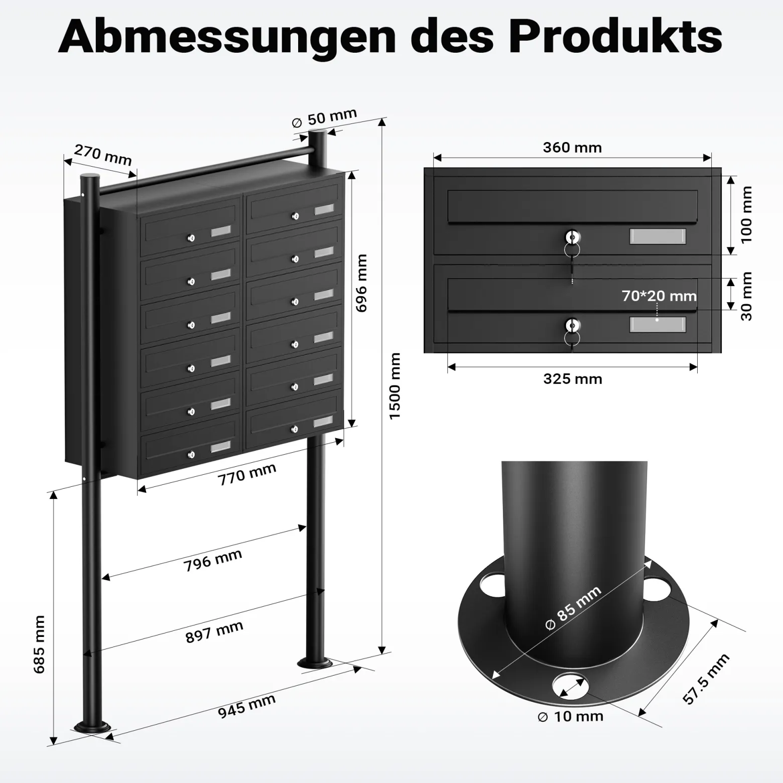 Wiltec 12er Briefkastenanlage schwarz 945 x 270 x 1500 mm, Standbriefkasten mit 2x6 Fächern, Schlüssel und Namensschild, Briefkasten Postkasten mit Ständer