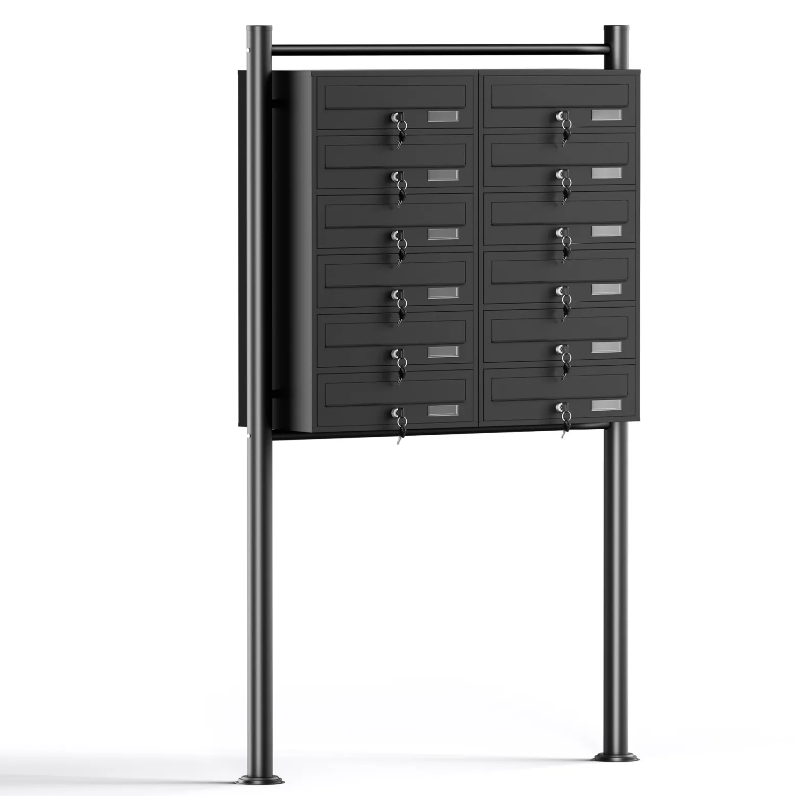 Wiltec 12er Briefkastenanlage schwarz 945 x 270 x 1500 mm, Standbriefkasten mit 2x6 Fächern, Schlüssel und Namensschild, Briefkasten Postkasten mit Ständer