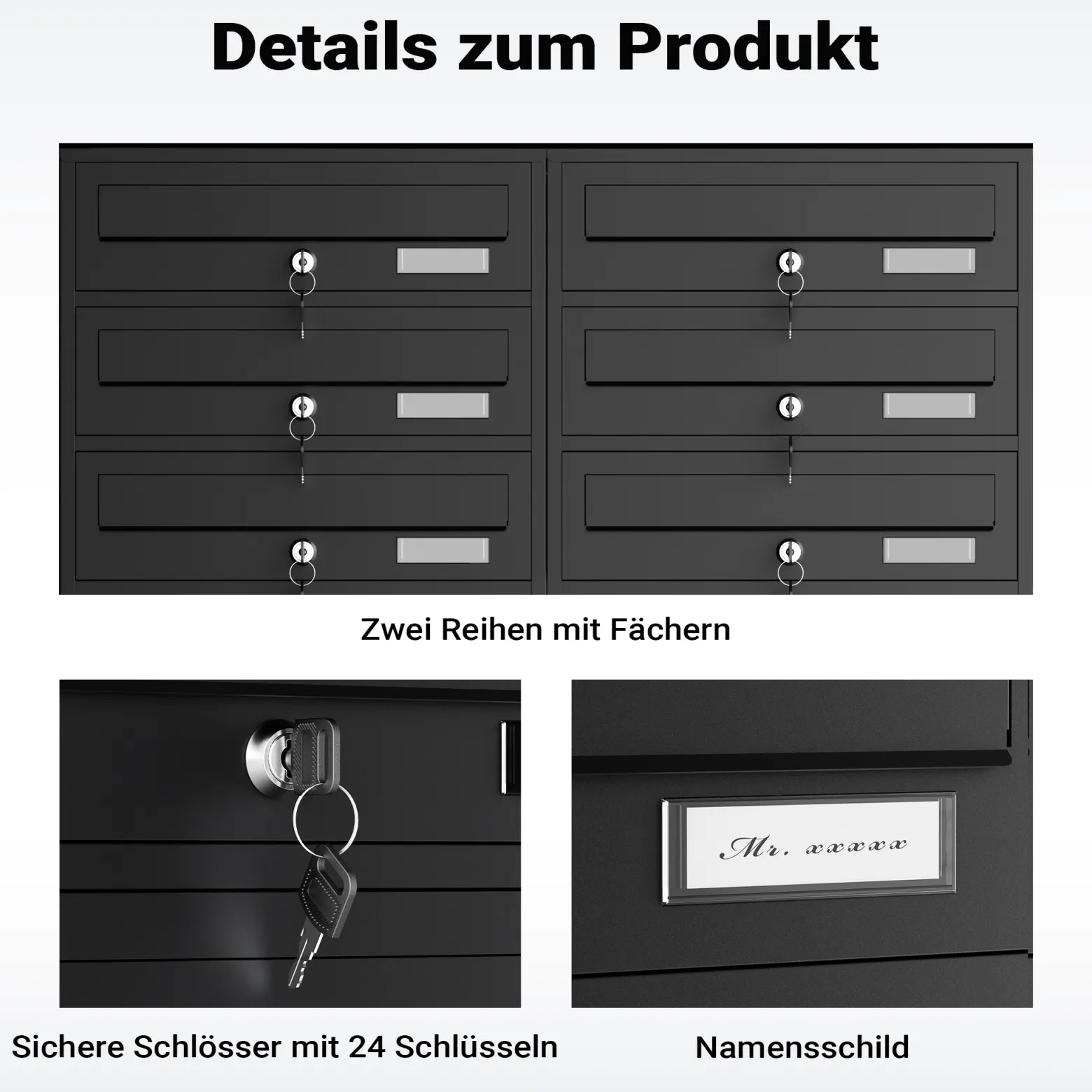 Wiltec 12er Briefkastenanlage schwarz 945 x 270 x 1500 mm, Standbriefkasten mit 2x6 Fächern, Schlüssel und Namensschild, Briefkasten Postkasten mit Ständer