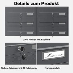 Wiltec 6er Briefkastenanlage Anthrazit 945 x 270 x 1200 mm, Standbriefkasten mit 2x3 Fächern, Schlüssel und Namensschild, Briefkasten Postkasten mit Ständer
