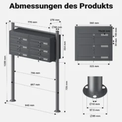 Wiltec 6er Briefkastenanlage Anthrazit 945 x 270 x 1200 mm, Standbriefkasten mit 2x3 Fächern, Schlüssel und Namensschild, Briefkasten Postkasten mit Ständer