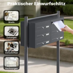 Wiltec 6er Briefkastenanlage Anthrazit 945 x 270 x 1200 mm, Standbriefkasten mit 2x3 Fächern, Schlüssel und Namensschild, Briefkasten Postkasten mit Ständer