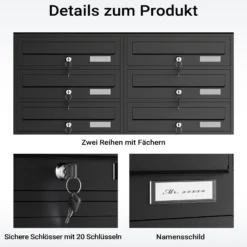 Wiltec 10er Briefkastenanlage schwarz 945 x 270 x 1500 mm, Standbriefkasten mit 2x5 Fächern, Schlüssel und Namensschild, Briefkasten Postkasten mit Ständer