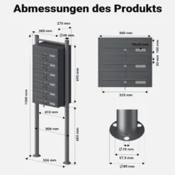 Wiltec 6er Briefkastenanlage Anthrazit 556 x 270 x 1500 mm, Standbriefkasten mit 6 Fächern, Schlüssel und Namensschild, Briefkasten Postkasten mit Ständer