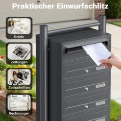 Wiltec 6er Briefkastenanlage Anthrazit 556 x 270 x 1500 mm, Standbriefkasten mit 6 Fächern, Schlüssel und Namensschild, Briefkasten Postkasten mit Ständer