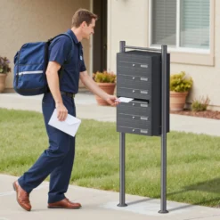 Wiltec 6er Briefkastenanlage Anthrazit 556 x 270 x 1500 mm, Standbriefkasten mit 6 Fächern, Schlüssel und Namensschild, Briefkasten Postkasten mit Ständer